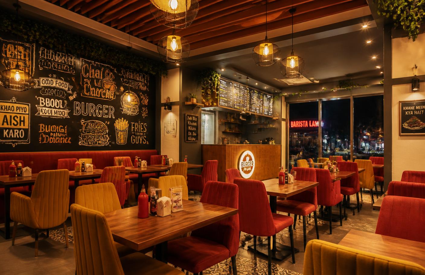 Bites Box dining room with warm lighting